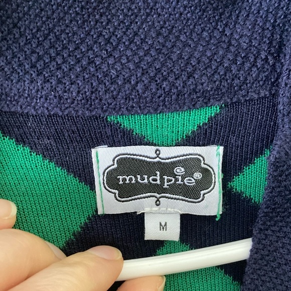 Mud Pie Green and Blue V-Neck Sweater with Geometric Pattern - Picture 2 of 13
